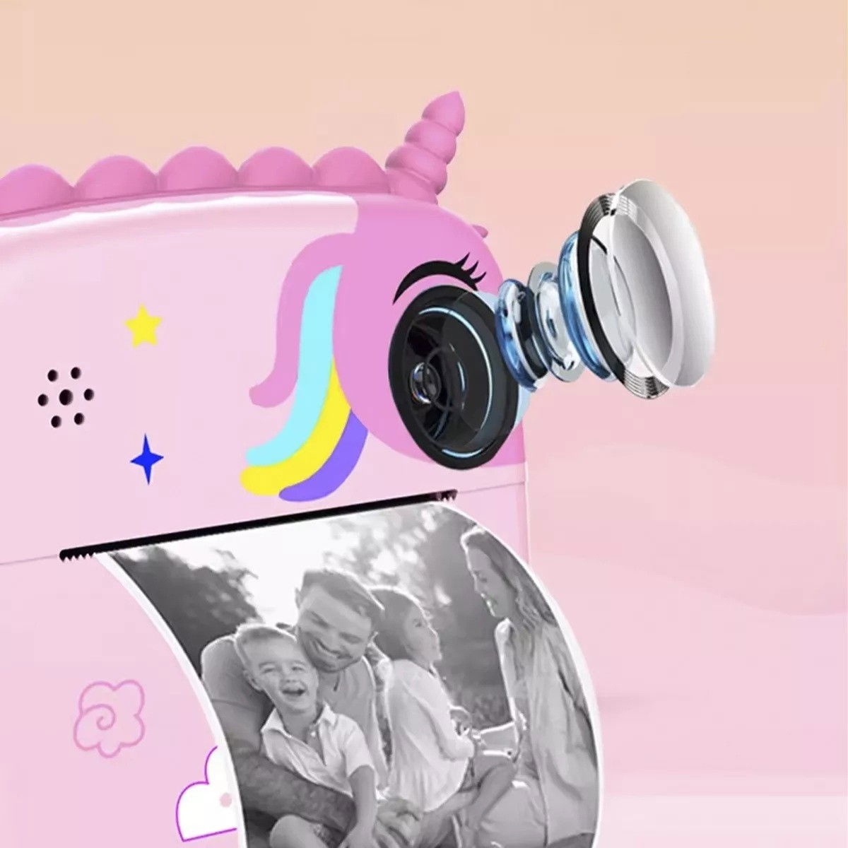 Camera Instantanee pentru Copii, Flippy, Camera Frontala + Selfie, cu Functie de Printare, Cablu USB-C, Bluetooth, Compatibil iOS/Android, Model Unicorn, Snur Inclus, Roz [3]