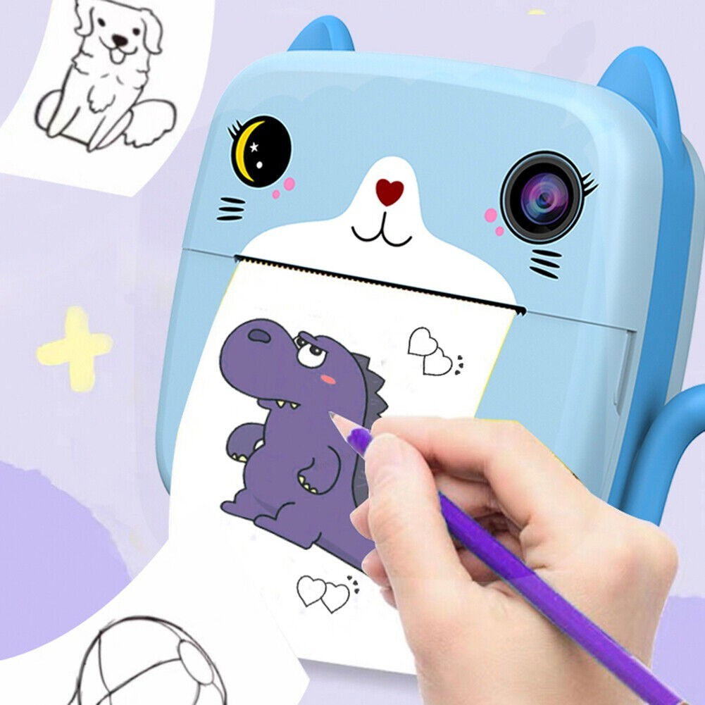 Camera Instantanee pentru Copii, Flippy, cu Functie de Printare, Camera Frontala + Selfie, Cablu USB-C, Bluetooth, Compatibil iOS/Android, Imprimare APP, Model Pisica, Albastru [3]