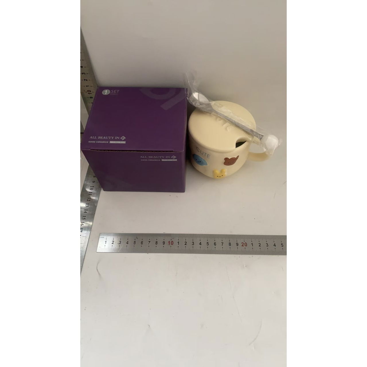 Cana ceramica, Flippy, din Portelan, print Figurine Animalute, Cana penru Copii, Model CUTE, Cana cu Lingura si Capac, Ceasca pentru Cafea, Ceai, 400ml Galben [2]