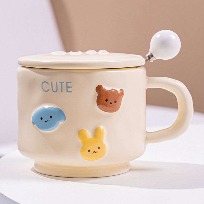 Cana ceramica, Flippy, din Portelan, print Figurine Animalute, Cana penru Copii, Model CUTE, Cana cu Lingura si Capac, Ceasca pentru Cafea, Ceai, 400ml Galben [1]