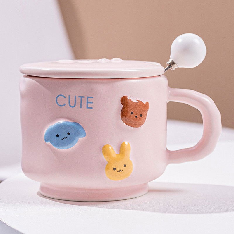 Cana ceramica, Flippy, din Portelan, print Figurine Animalute, Cana penru Copii, Model CUTE, Cana cu Lingura si Capac, Ceasca pentru Cafea, Ceai, 400ml Roz [1]