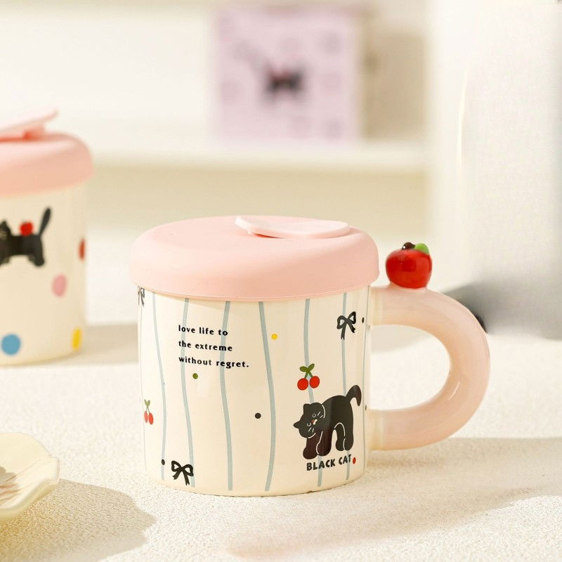 Cana din Ceramica cu Capac si Pai, Flippy, Capacul si Paiul din Silicon Roz, 9x8.5 cm, Model Cute A, Capacitate 380ml [4]