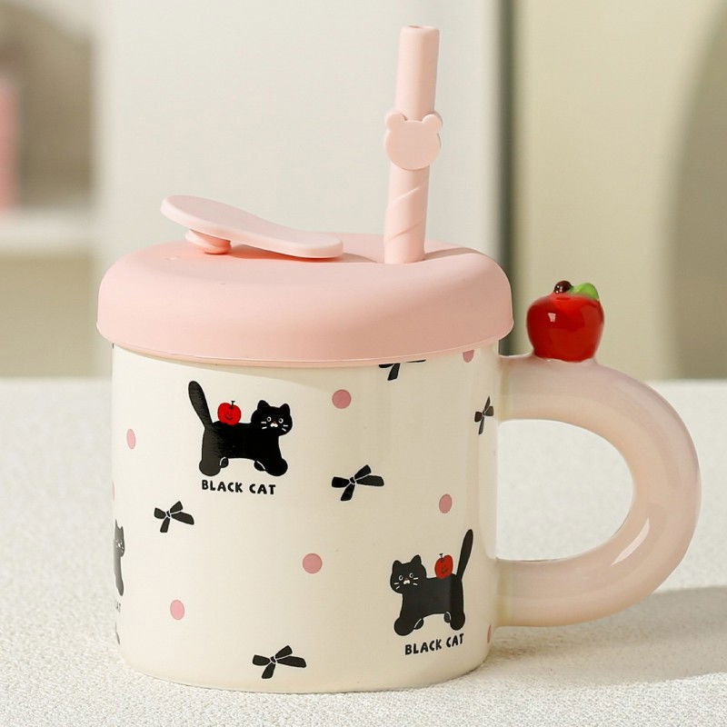 Cana din Ceramica cu Capac si Pai, Flippy, Capacul si Paiul din Silicon Roz, 9x8.5 cm, Model Cute C, Capacitate 380ml [3]