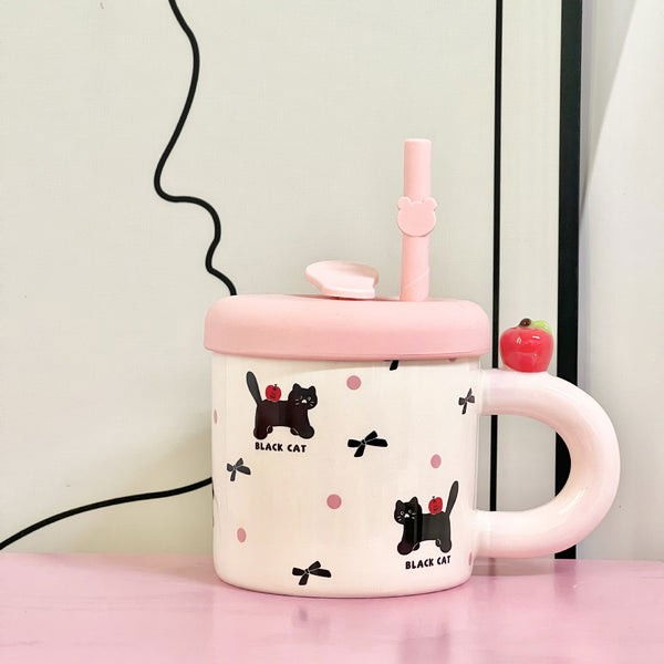 Cana din Ceramica cu Capac si Pai, Flippy, Capacul si Paiul din Silicon Roz, 9x8.5 cm, Model Cute C, Capacitate 380ml [5]