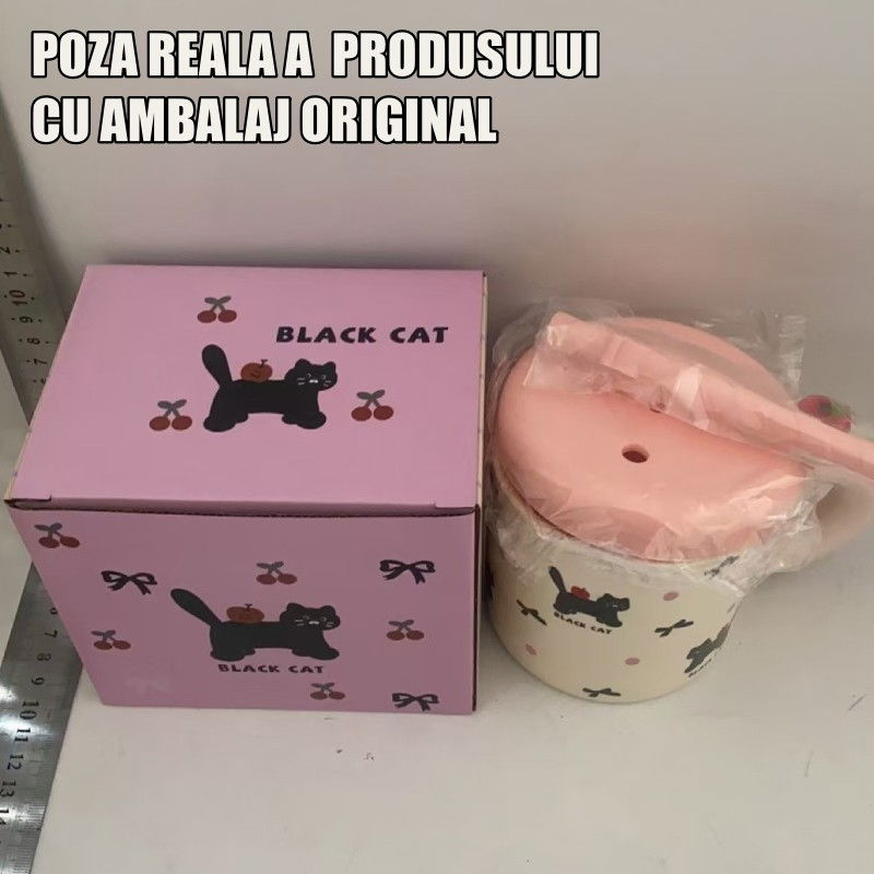 Cana din Ceramica cu Capac si Pai, Flippy, Capacul si Paiul din Silicon Roz, 9x8.5 cm, Model Cute C, Capacitate 380ml [4]