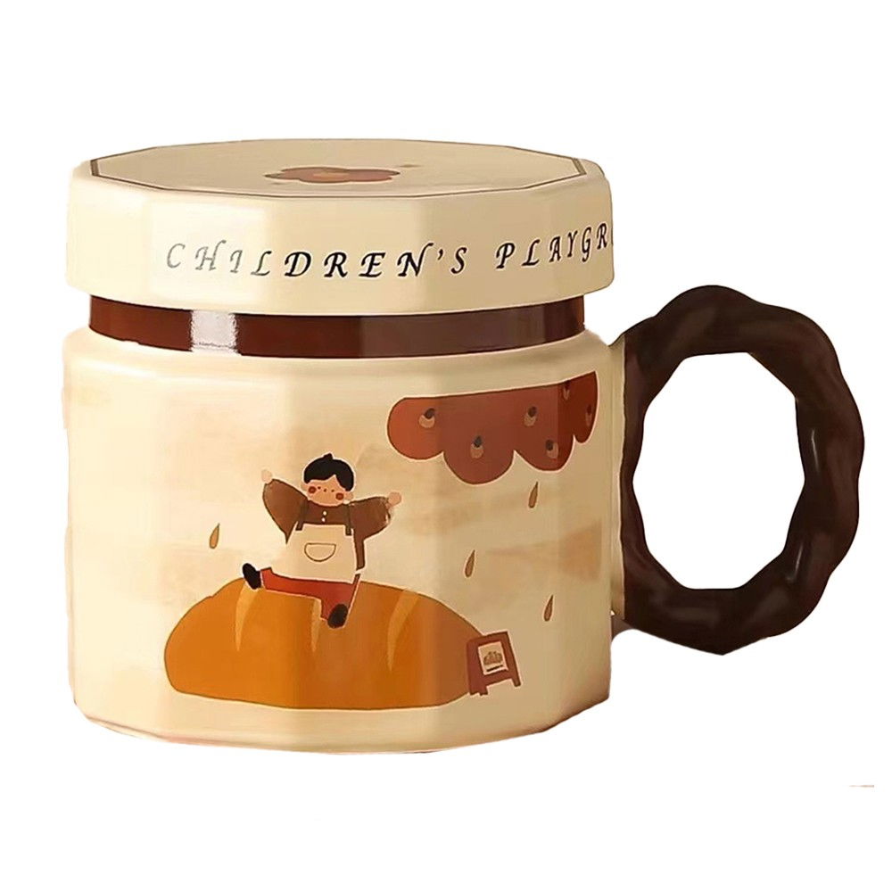 Cana din ceramica, Flippy, Cana pentru Cafea, Ceai, Cana Universala, Unisex, Cana cu Capac, 9 x 8 x 8 cm, 400 ml, Model Baietel Bej [1]