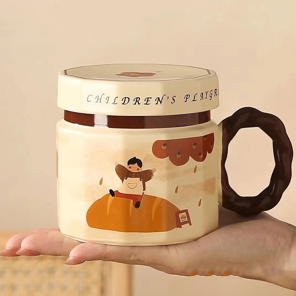 Cana din ceramica, Flippy, Cana pentru Cafea, Ceai, Cana Universala, Unisex, Cana cu Capac, 9 x 8 x 8 cm, 400 ml, Model Baietel Bej [2]