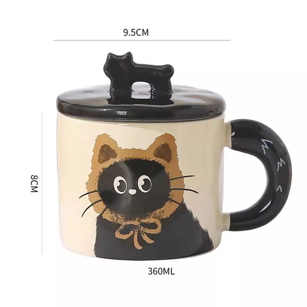 Cana din Ceramica, Flippy, Model in Cutie pentru Cadou, Cana pentru Ceai, Cafea, Cana Retro Design Capac cu Figurina 3D, 9.5 x 8 x 8 cm, 360 ml, Bej, Print Pisica Maro Negru [3]