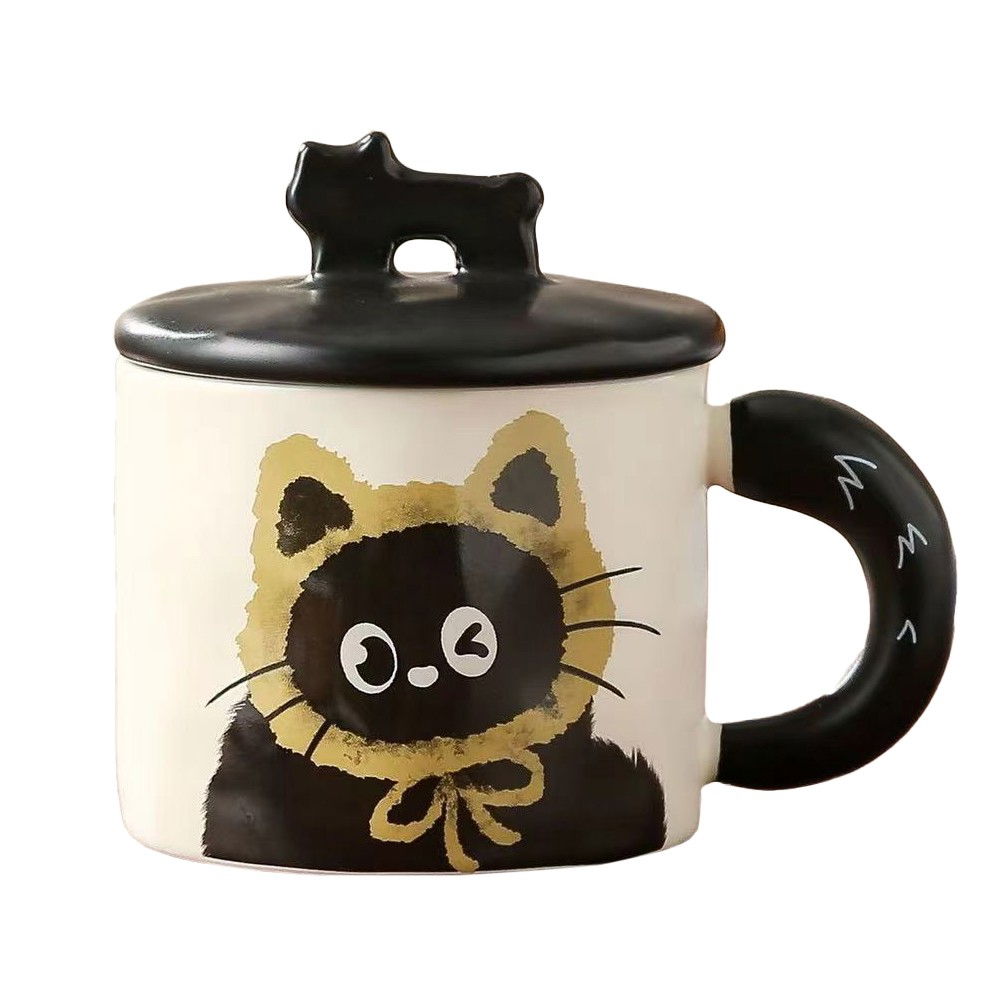 Cana din Ceramica, Flippy, Model in Cutie pentru Cadou, Cana pentru Ceai, Cafea, Cana Retro Design Capac cu Figurina 3D, 9.5 x 8 x 8 cm, 360 ml, Bej, Print Pisica Galben Negru [1]