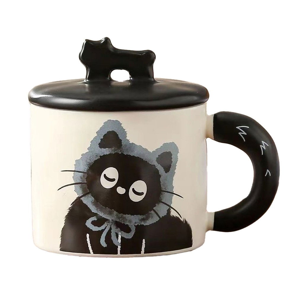 Cana din Ceramica, Flippy, Model in Cutie pentru Cadou, Cana pentru Ceai, Cafea, Cana Retro Design Capac cu Figurina 3D, 9.5 x 8 x 8 cm, 360 ml, Bej, Print Pisica Albastru Negru [1]