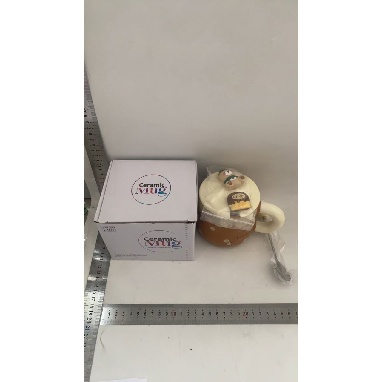 Cana din Ceramica, Flippy, Model Urs pentru Baieti, Cana Universala, Cana pentru Ceai, Cana cu Lingura Metalica si Capac, 9.6 x 9.5 x 9.5 cm, 400 ml Maro inchis [3]