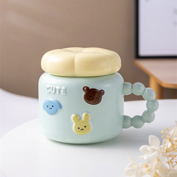 Cana pentru Copii, Flippy, din Portelan, print Figurine Animalute, Model CUTE, Cana cu Capac, Ceasca pentru Cafea, Ceai, 400ml Albastru deschis [1]