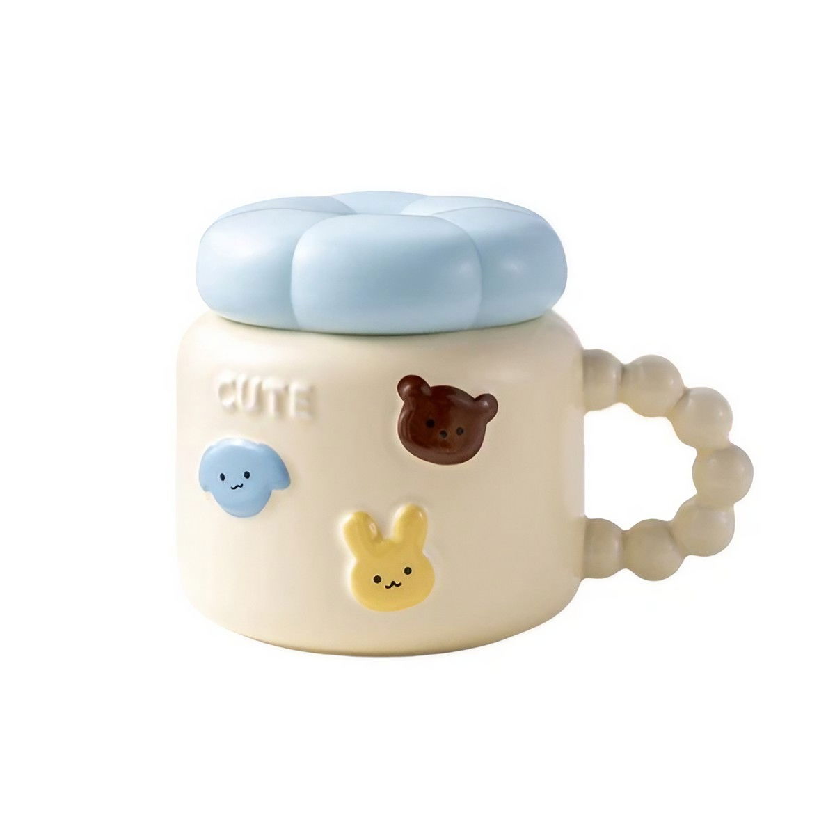 Cana pentru Copii, Flippy, din Portelan, print Figurine Animalute, Model CUTE, Cana cu Capac, Ceasca pentru Cafea, Ceai, 400ml Galben deschis [4]