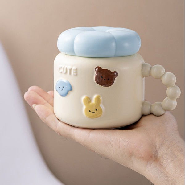 Cana pentru Copii, Flippy, din Portelan, print Figurine Animalute, Model CUTE, Cana cu Capac, Ceasca pentru Cafea, Ceai, 400ml Galben deschis [3]