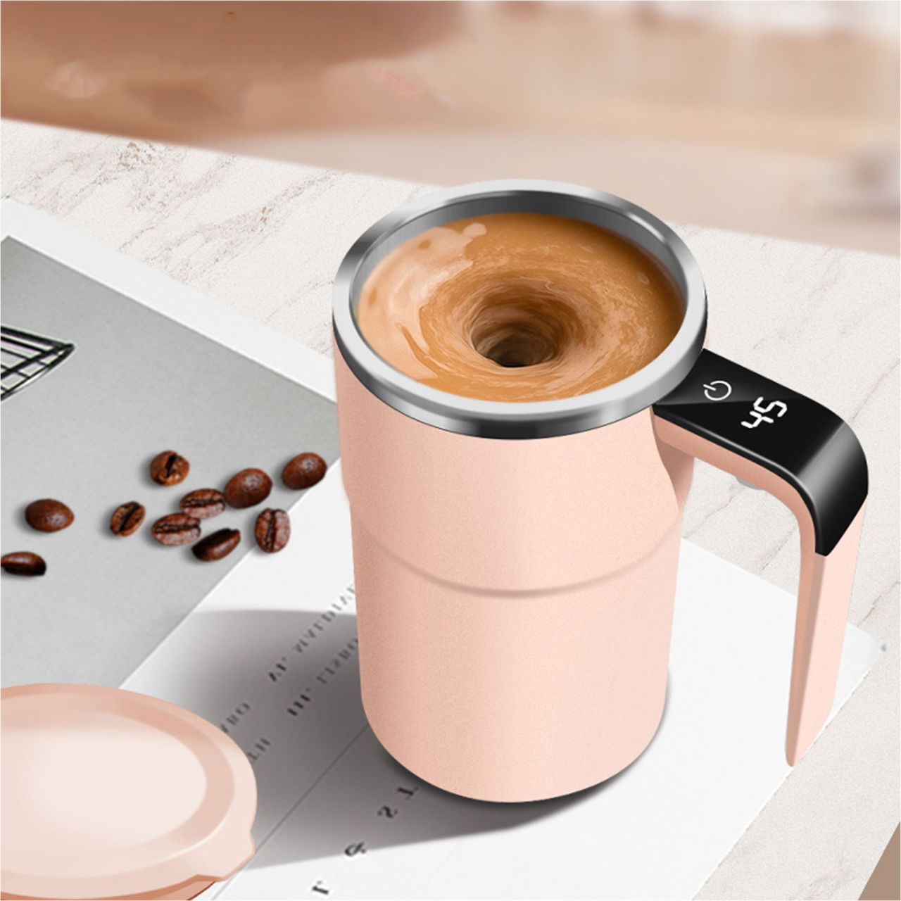 Cana Termica, Flippy, Ecran LCD, Auto Amestecare, Afisaj al Temperaturii, Otel Inoxidabil, Tip Termos, Incarcare USB, 13.8 x 8 cm, Roz [4]