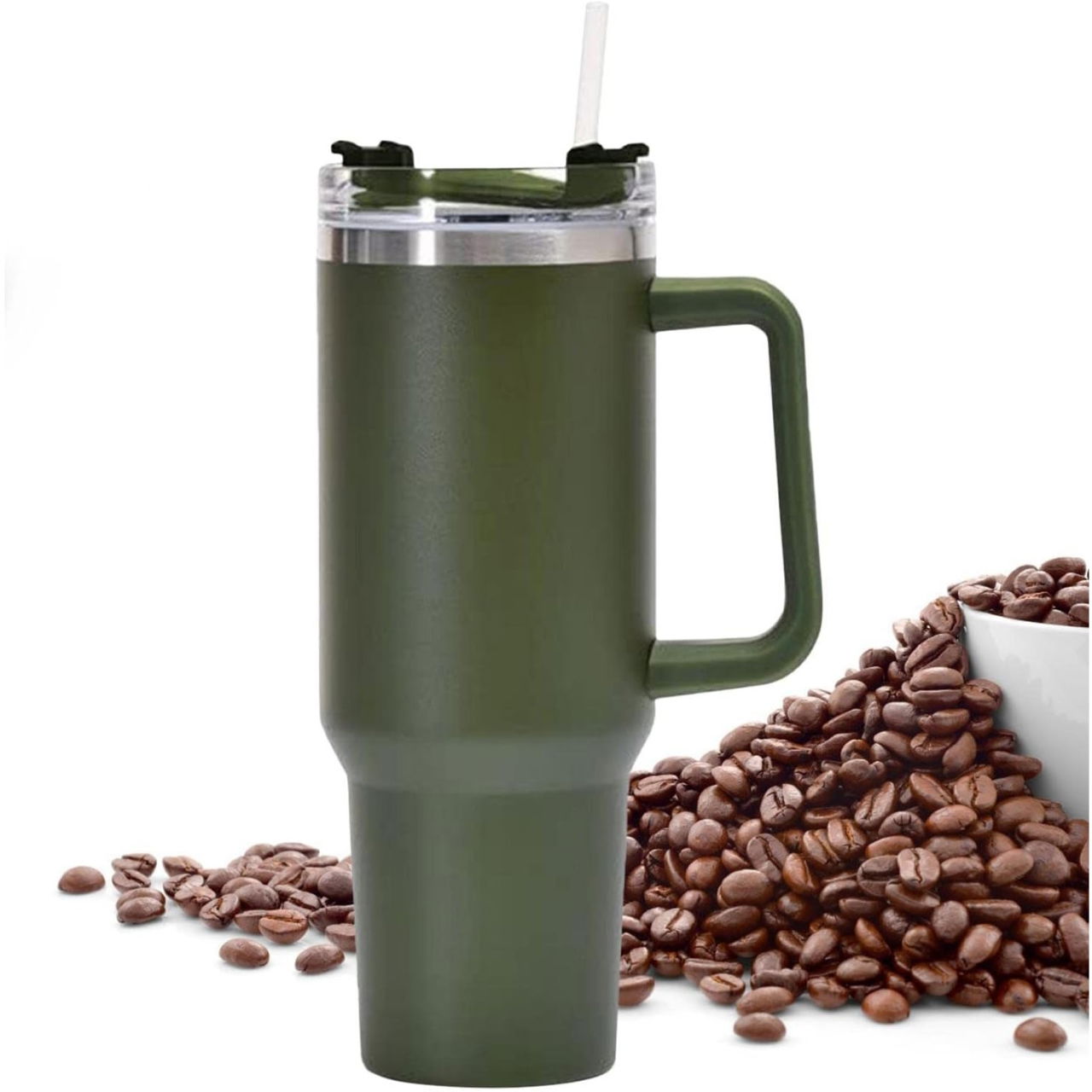 Cana Termos din Plastic, Flippy, pentru Bauturi Calde si Reci, cu Maner, 9.9x9.9x27 cm, Verde Army [3]