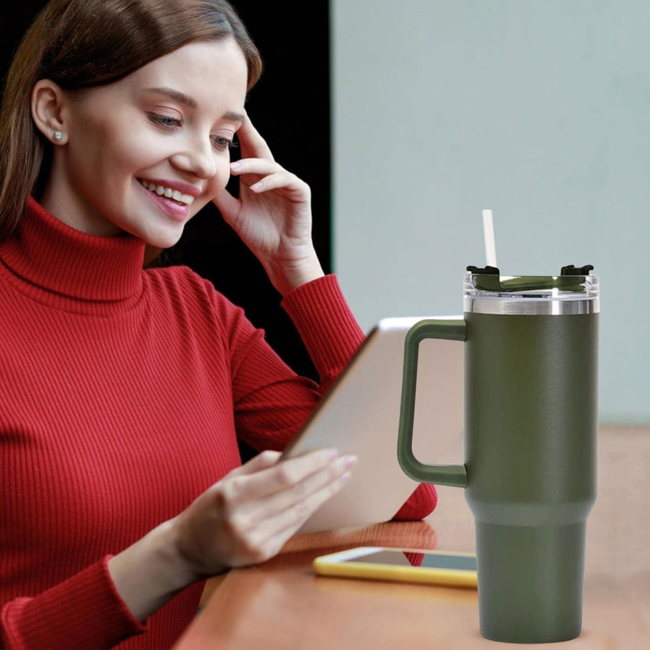 Cana Termos din Plastic, Flippy, pentru Bauturi Calde si Reci, cu Maner, 9.9x9.9x27 cm, Verde Army [5]