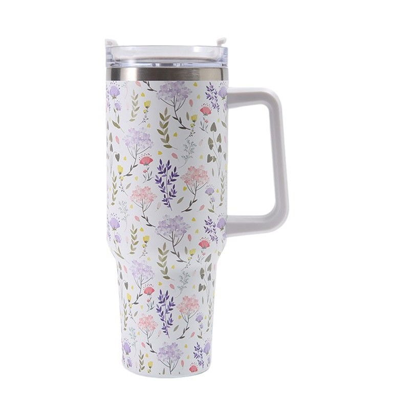 Cana Termos din Plastic, Flippy, pentru Bauturi Calde si Reci, cu Maner, Imprimeu Floral, Alb, 10x7.6x27.5 cm [1]