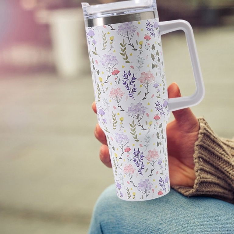 Cana Termos din Plastic, Flippy, pentru Bauturi Calde si Reci, cu Maner, Imprimeu Floral, Alb, 10x7.6x27.5 cm [3]