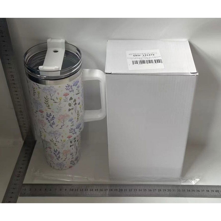 Cana Termos din Plastic, Flippy, pentru Bauturi Calde si Reci, cu Maner, Imprimeu Floral, Alb, 10x7.6x27.5 cm [2]