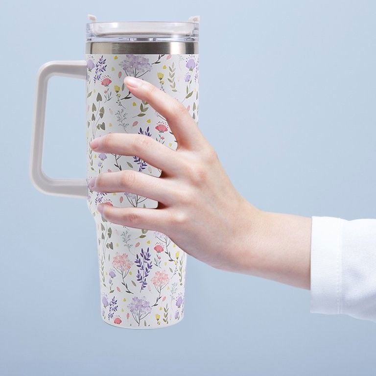 Cana Termos din Plastic, Flippy, pentru Bauturi Calde si Reci, cu Maner, Imprimeu Floral, Alb, 10x7.6x27.5 cm [4]