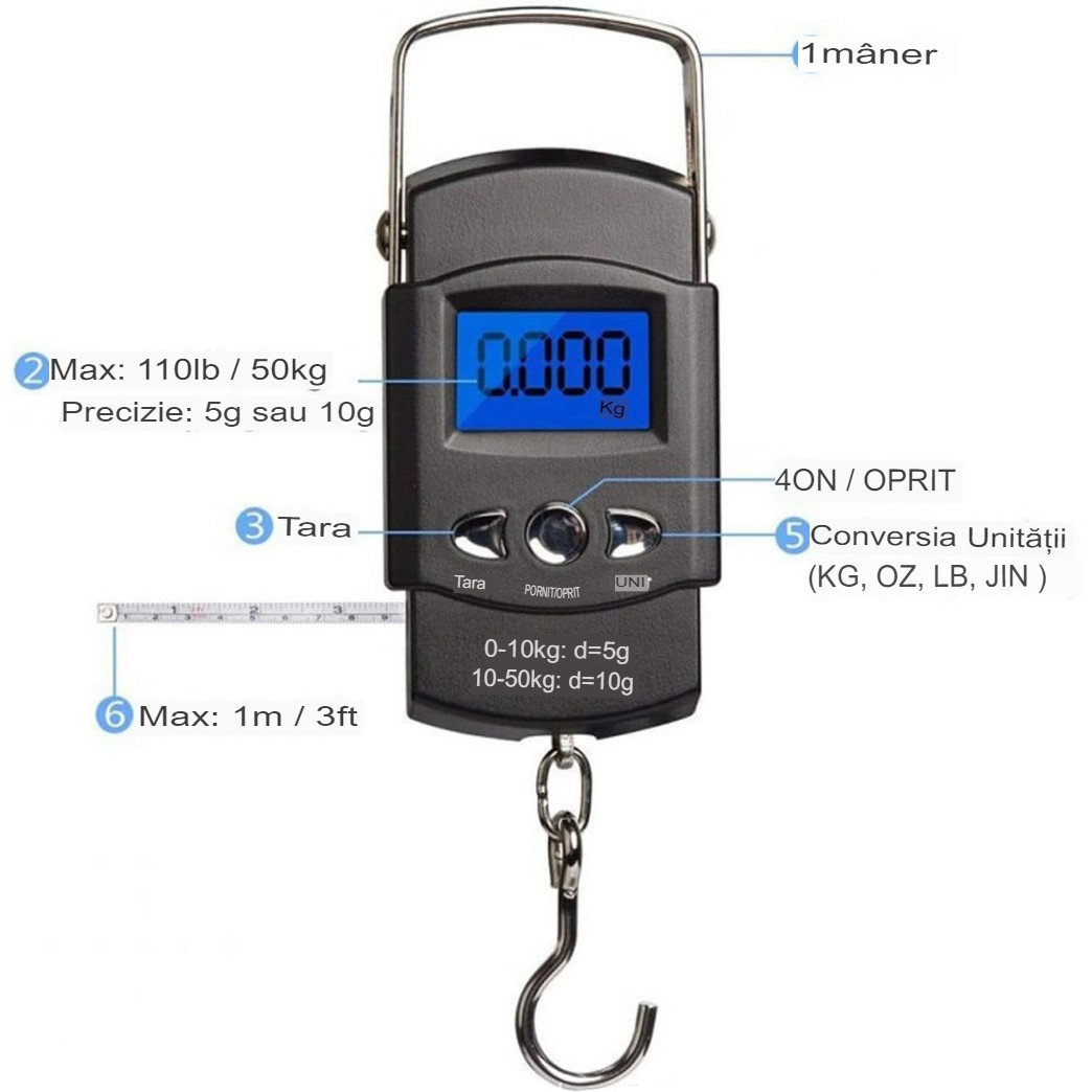 Cantar Digital de Mana cu Carlig, Flippy, Cantar Portabil, Pescuit, cu Maner, Capacitate 50 kg, cu Metru Incorporat, 20.5 x 6 x 2.5 cm, Negru [3]