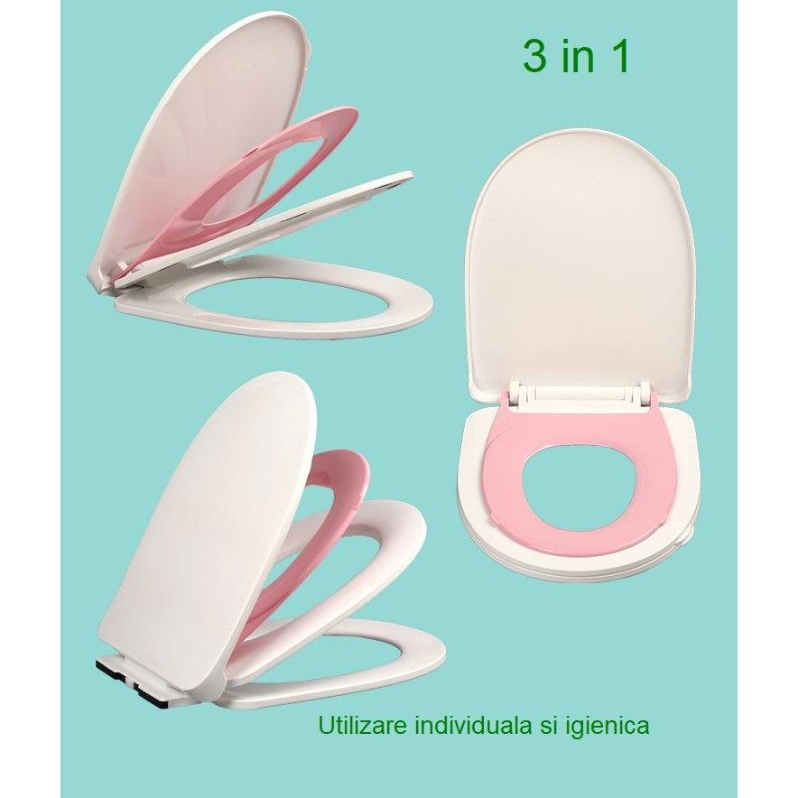 Capac de Toaleta cu Reductie 3 in 1, Flippy, pentru Copii +3 Ani si Adulti, Coborare Lenta si Silentioasa, Instalare Usoara, din PP5 , in Forma de U, Alb/Roz [3]