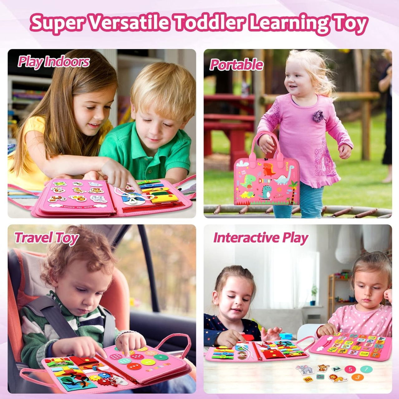 Carte Senzoriala Educativa Montessori 7in1, Flippy, 26 de Activitati, Dezvoltare Abilitati Motorii, 4 Pagini, Model Dinozauri, 28x22x7 cm, Roz [4]