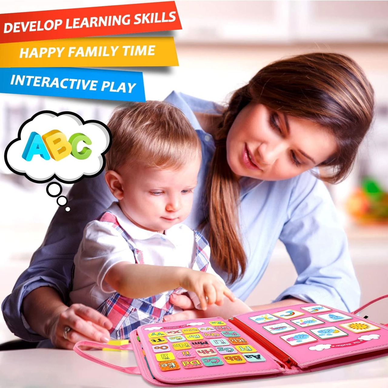 Carte Senzoriala Educativa Montessori 7in1, Flippy, 26 de Activitati, Dezvoltare Abilitati Motorii, 4 Pagini, Model Dinozauri, 28x22x7 cm, Roz [3]