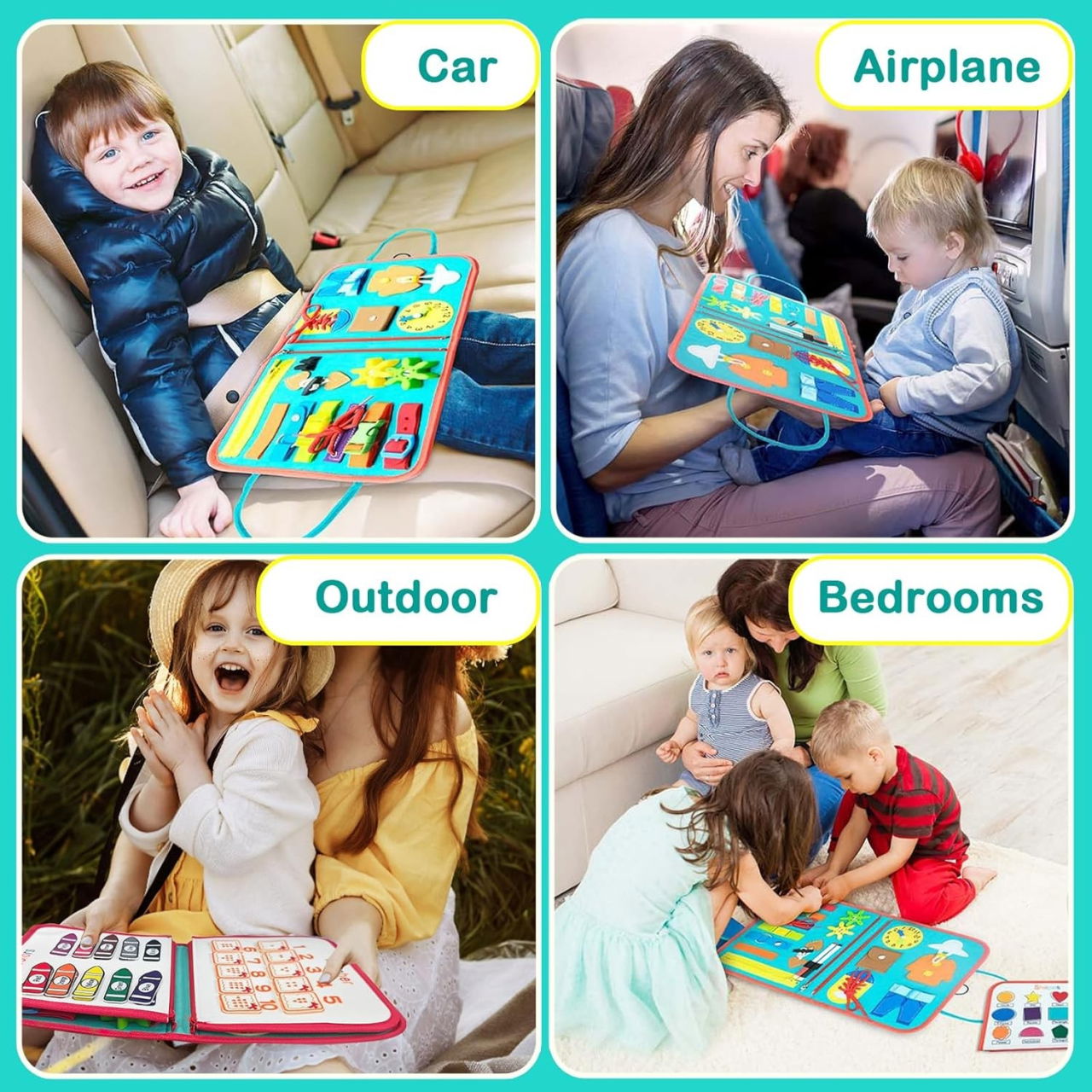 Carte Senzoriala Educativa Montessori, Flippy, cu Activitati, Dezvoltare Abilitati Motorii, 4 Pagini, Model Spatiu Cosmic, 28x22x7 cm, Albastru [6]