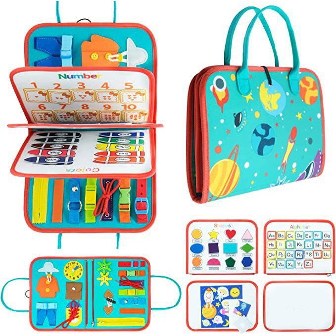 Carte Senzoriala Educativa Montessori, Flippy, cu Activitati, Dezvoltare Abilitati Motorii, 4 Pagini, Model Spatiu Cosmic, 28x22x7 cm, Albastru [9]