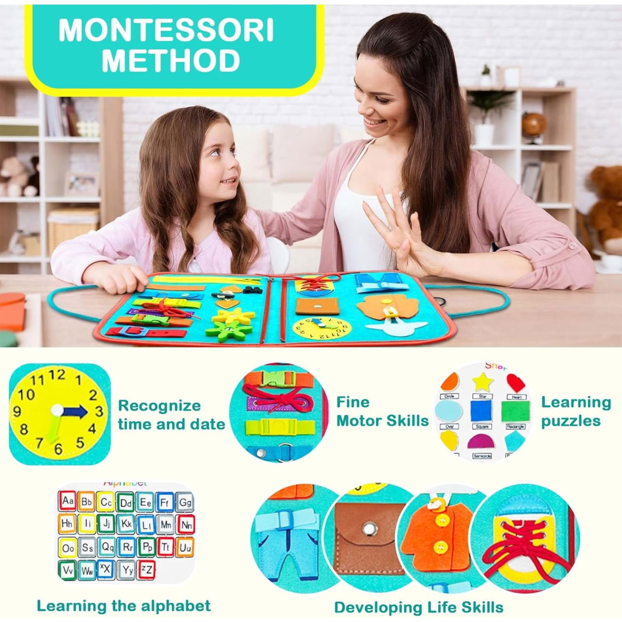 Carte Senzoriala Educativa Montessori, Flippy, cu Activitati, Dezvoltare Abilitati Motorii, 4 Pagini, Model Spatiu Cosmic, 28x22x7 cm, Albastru [3]