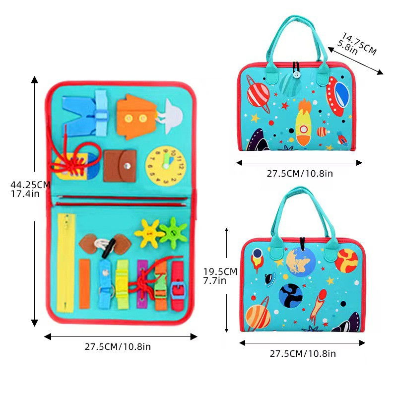 Carte Senzoriala Educativa Montessori, Flippy, cu Activitati, Dezvoltare Abilitati Motorii, 4 Pagini, Model Spatiu Cosmic, 28x22x7 cm, Albastru [10]