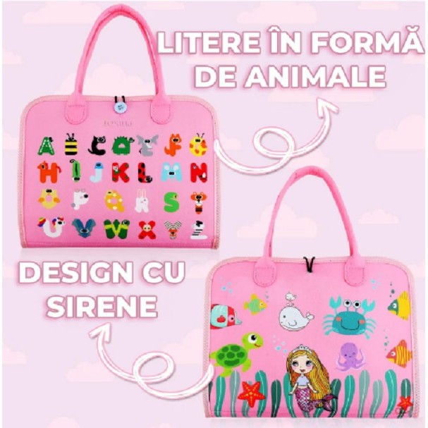 Carte Senzoriala Educativa Montessori, Flippy, Dezvoltare Abilitati Motorii, 3 Pagini, Model Sirena si Alfabet, 28x25x4 cm, Roz [6]