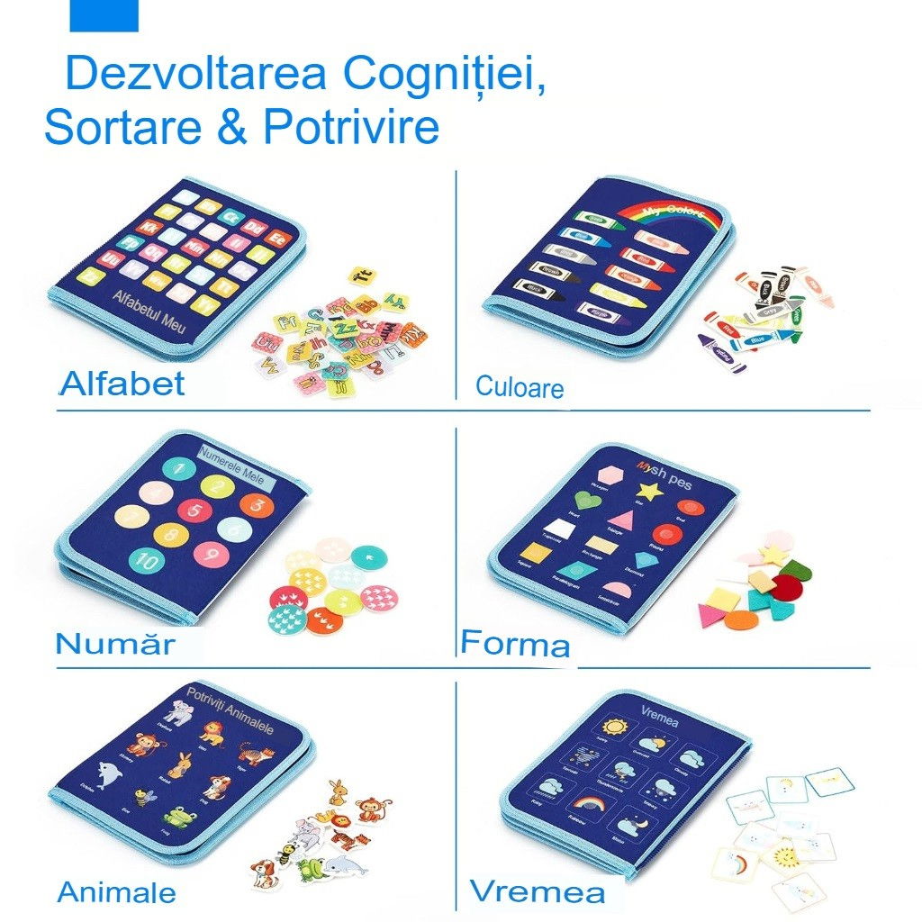 Carte Senzoriala Educativa Montessori, Flippy, Dezvoltare Abilitati Motorii, 5 Pagini, Model Dinozauri, 28x22x7 cm, Albastru [2]