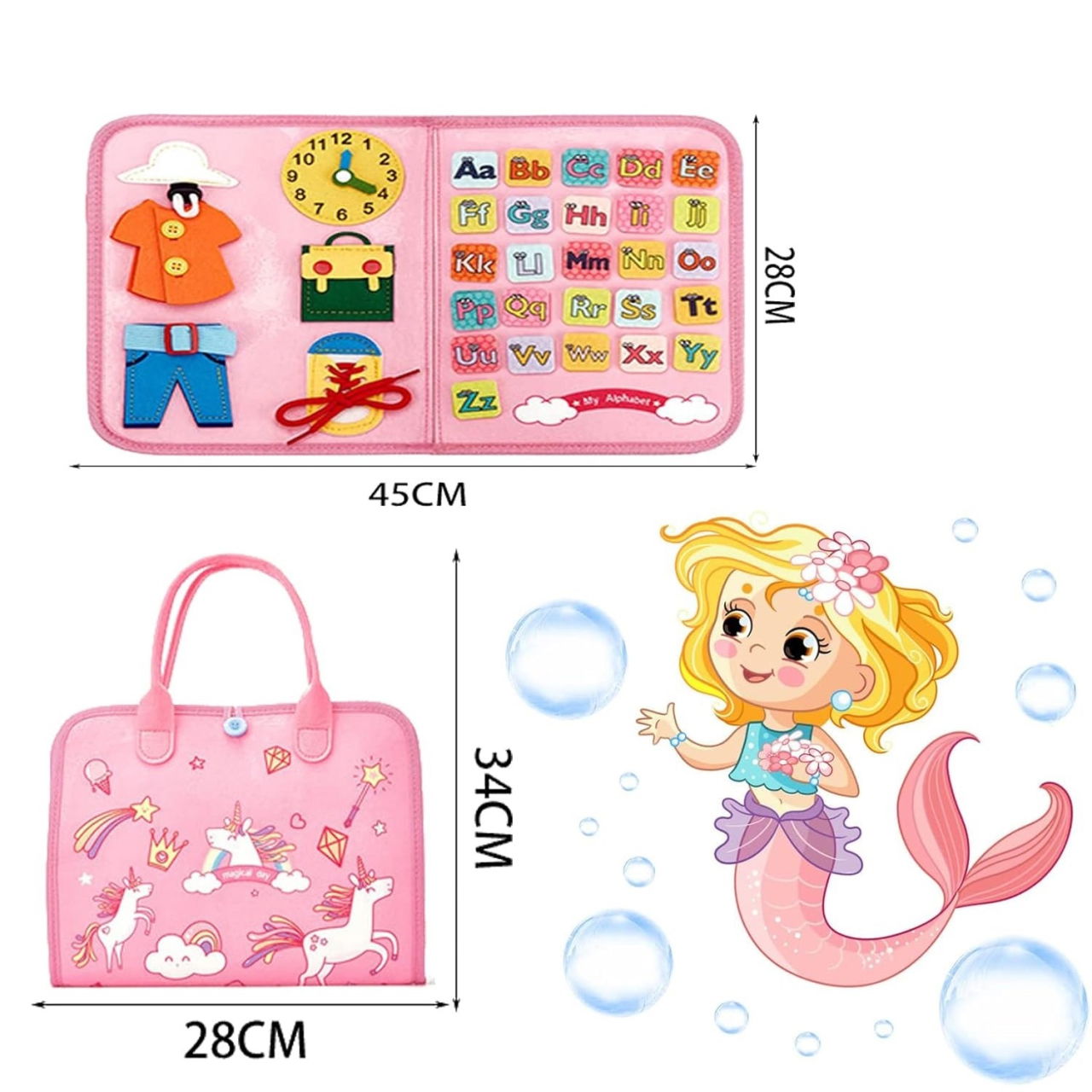 Carte Senzoriala Educativa Montessori, Flippy, Dezvoltare Abilitati Motorii, 5 Pagini, Model Unicorni, 28x22x7 cm, Roz [3]