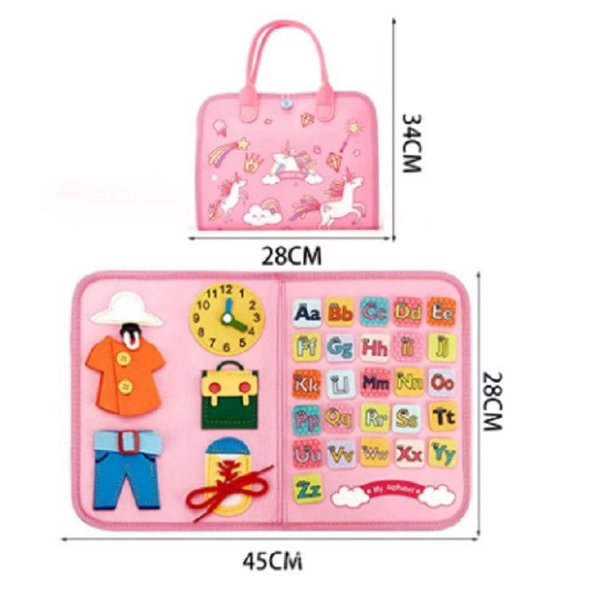 Carte Senzoriala Educativa Montessori, Flippy, Dezvoltare Abilitati Motorii, 5 Pagini, Model Unicorni, 28x22x7 cm, Roz [5]