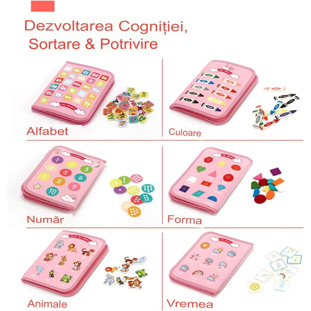 Carte Senzoriala Educativa Montessori, Flippy, Dezvoltare Abilitati Motorii, 5 Pagini, Model Unicorni, 28x22x7 cm, Roz [2]