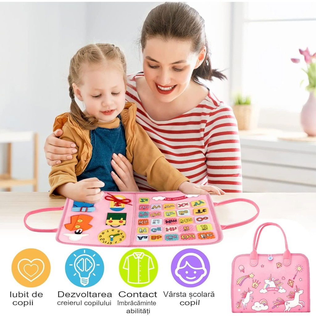 Carte Senzoriala Educativa Montessori, Flippy, Dezvoltare Abilitati Motorii, 5 Pagini, Model Unicorni, 28x22x7 cm, Roz [4]