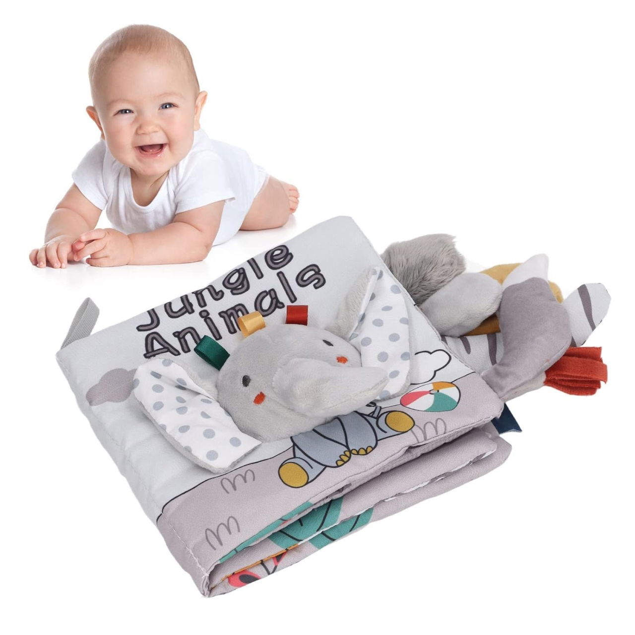 Carte Senzoriala, Flippy, pentru Bebelusi, 15x16x6 cm, cu Animalute, 3D, Cu Sunete si Fosnete, 0-3 Ani, Model Elefantel, Gri [4]