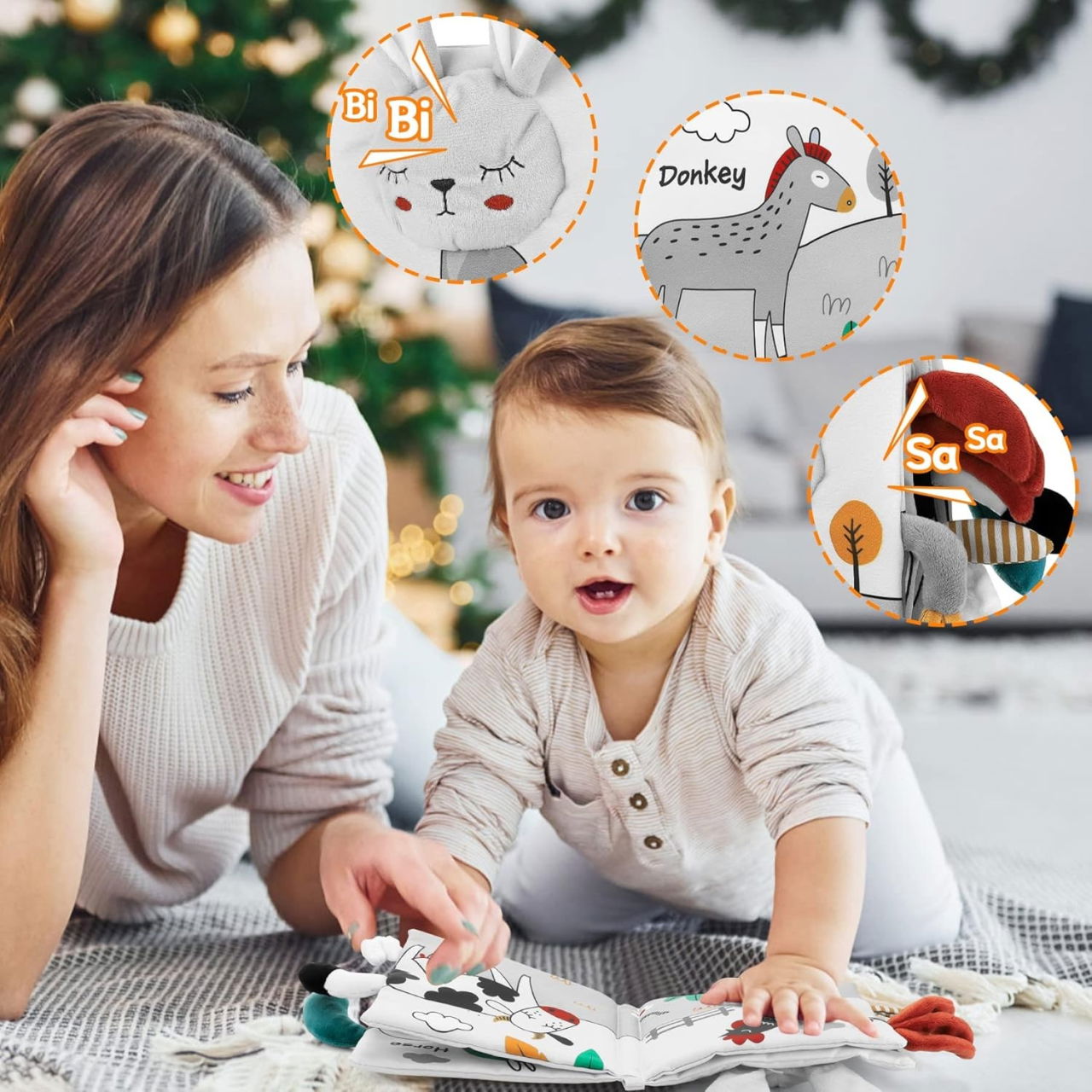 Carte Senzoriala, Flippy, pentru Bebelusi, 15x16x6 cm, cu Animalute, 3D, Cu Sunete si Fosnete, 0-3 Ani, Model Iepuras, Gri [2]