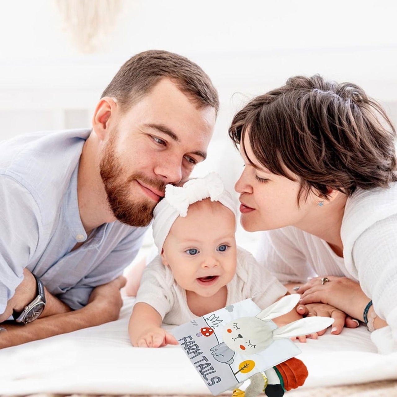 Carte Senzoriala, Flippy, pentru Bebelusi, 15x16x6 cm, cu Animalute, 3D, Cu Sunete si Fosnete, 0-3 Ani, Model Iepuras, Gri [5]