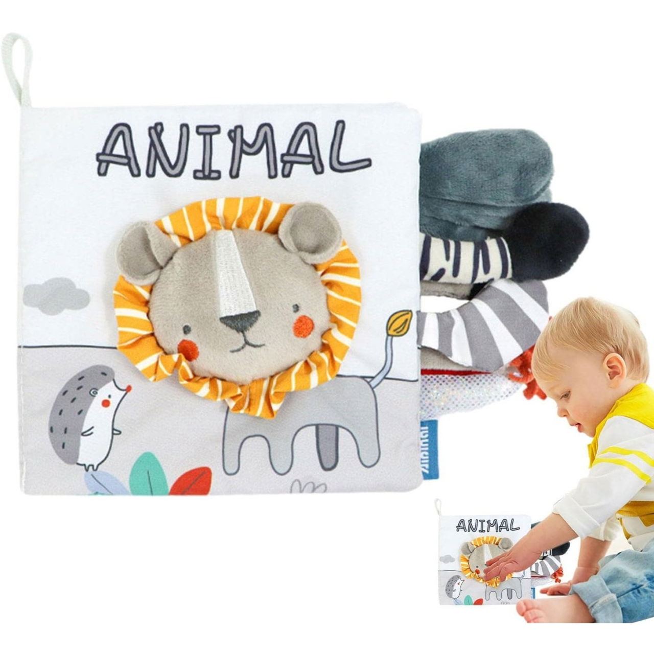 Carte Senzoriala, Flippy, pentru Bebelusi, 15x16x6 cm, cu Animalute, 3D, Cu Sunete si Fosnete, 0-3 Ani, Model Leu, Gri [6]