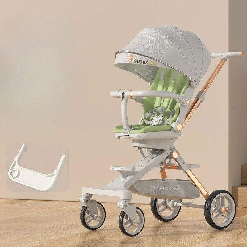 Carucior Sport Flippy 3in1, 6-36 Luni, Pliabil, Tavita pentru Masa, Pat de Dormit, Centura de Siguranta, Roti 360 Grade, Reversibil, Parasolar, Maner Reglabil, 64 x 35 x 100 cm, Gri/Verde [2]