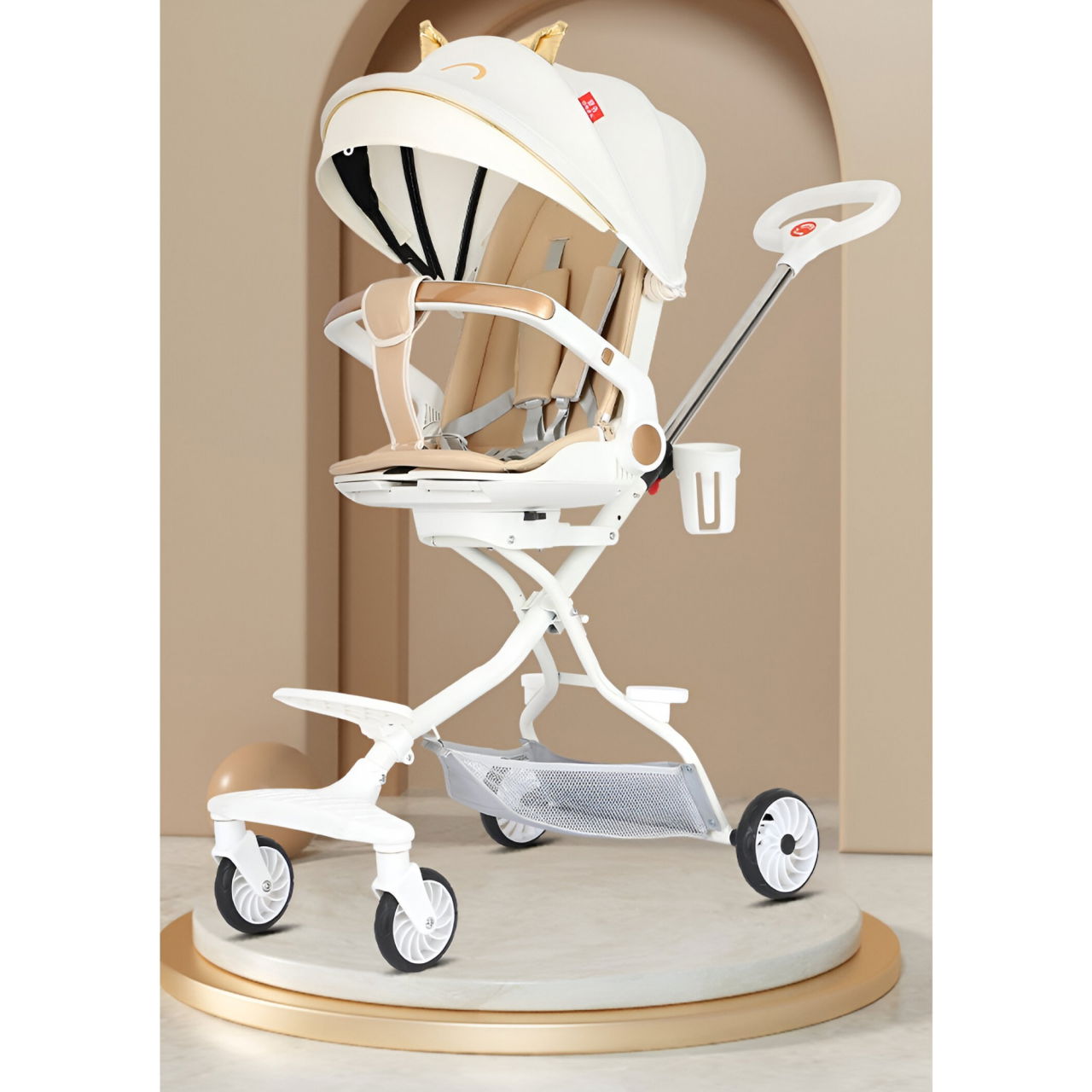 Carucior Sport Flippy 3in1, 6-36 Luni, Reversibil, Pliabil, Tavita pentru Masa, Pozitie de Somn, Centura de Siguranta, Roti 360, Suport Pahar, Copertina pentru Soare, 33x66x85cm, Alb Model Pisica [13]