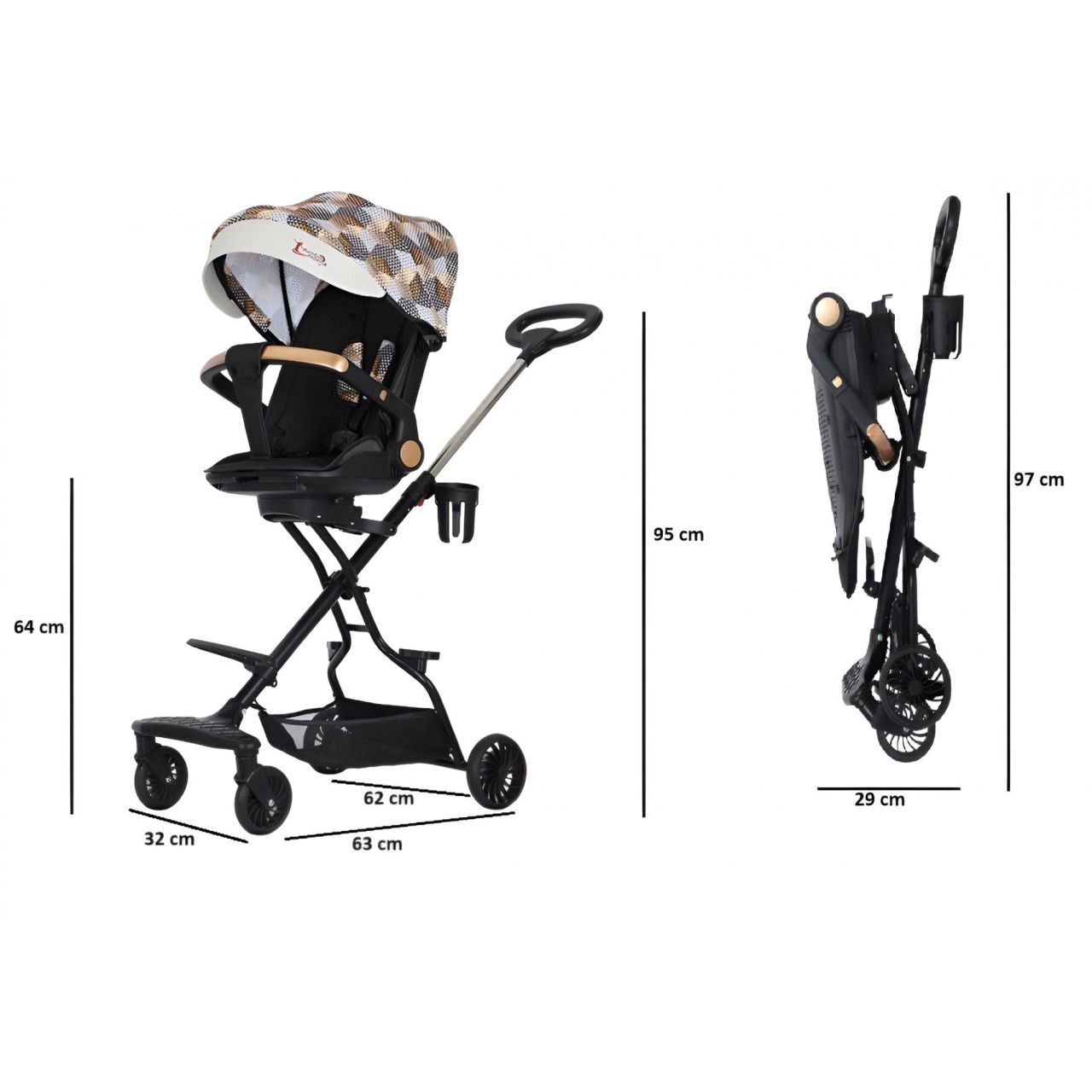Carucior Sport Flippy 3in1, 6-36 Luni, Reversibil, Pliabil, Tavita pentru Masa, Pozitie de Somn, Centura de Siguranta, Roti 360, Suport Pahar, Copertina pentru Soare, 32x63x95cm, Maro Model Carouri [7]