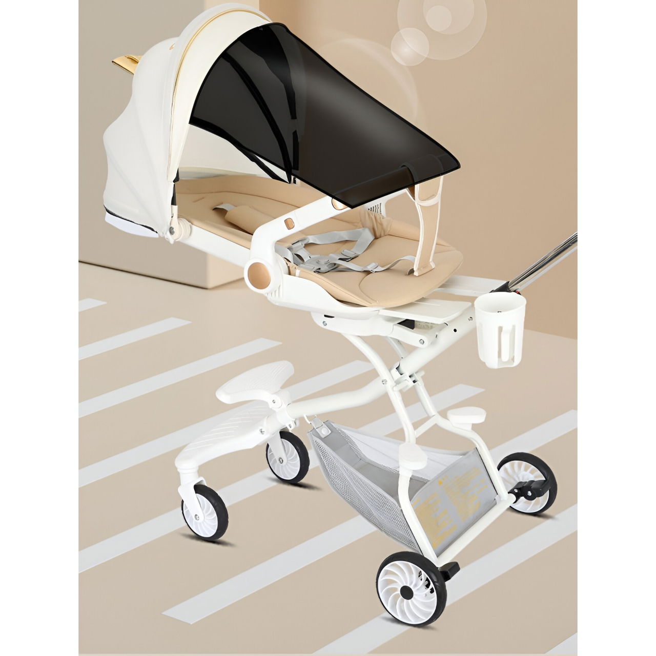 Carucior Sport Flippy 3in1, 6-36 Luni, Reversibil, Pliabil, Tavita pentru Masa, Pozitie de Somn, Centura de Siguranta, Roti 360, Suport Pahar, Copertina pentru Soare, 33x66x85cm, Alb Model Pisica [7]