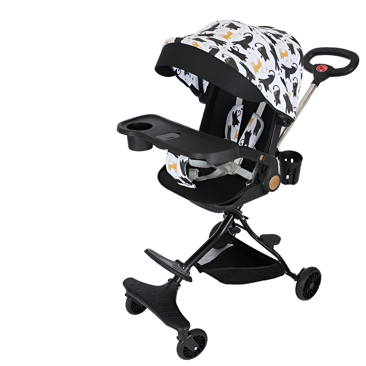 Carucior Sport Flippy 3in1, 6-36 Luni, Reversibil, Pliabil, Tavita pentru Masa, Pozitie de Somn, Centura de Siguranta, Roti 360, Suport Pahar, Copertina pentru Soare, 32x63x95cm, Negru Model Pisicute [1]