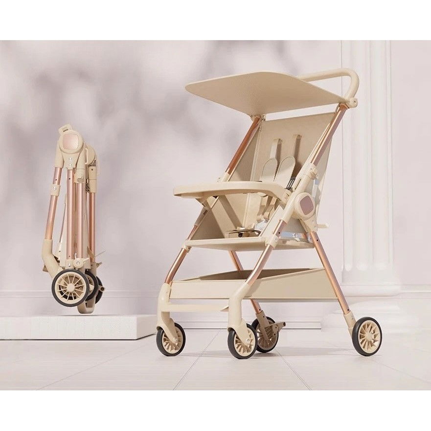 Carut Pliabil, Flippy, Usor, Compatibil cu Avionul, de Plimbat/Dormit, Parasolar, Cutie Depozitare, Tabla de Masa, 93 x 70 x 40 cm, Bej [2]