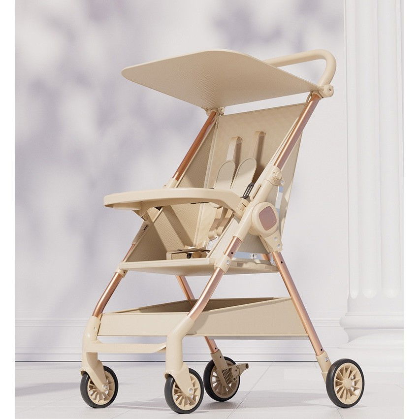 Carut Pliabil, Flippy, Usor, Compatibil cu Avionul, de Plimbat/Dormit, Parasolar, Cutie Depozitare, Tabla de Masa, 93 x 70 x 40 cm, Bej [4]